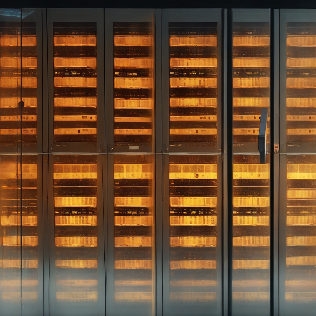 A softly lit server room at dusk, rows of glowing amber meters ticking upward in the dark, condensation on glass casing like breath on cold morning windows, a sense of something quietly accumulating cost.