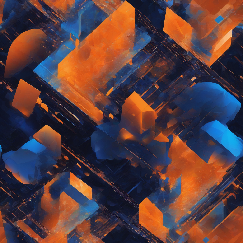 A vibrant, abstract digital landscape where glowing geometric forms coalesce and diverge, hinting at the emergent visual language of artificial intelligence. The colors are electric blues and warm oranges against a deep, textured background, creating a sense of evolving digital identity.