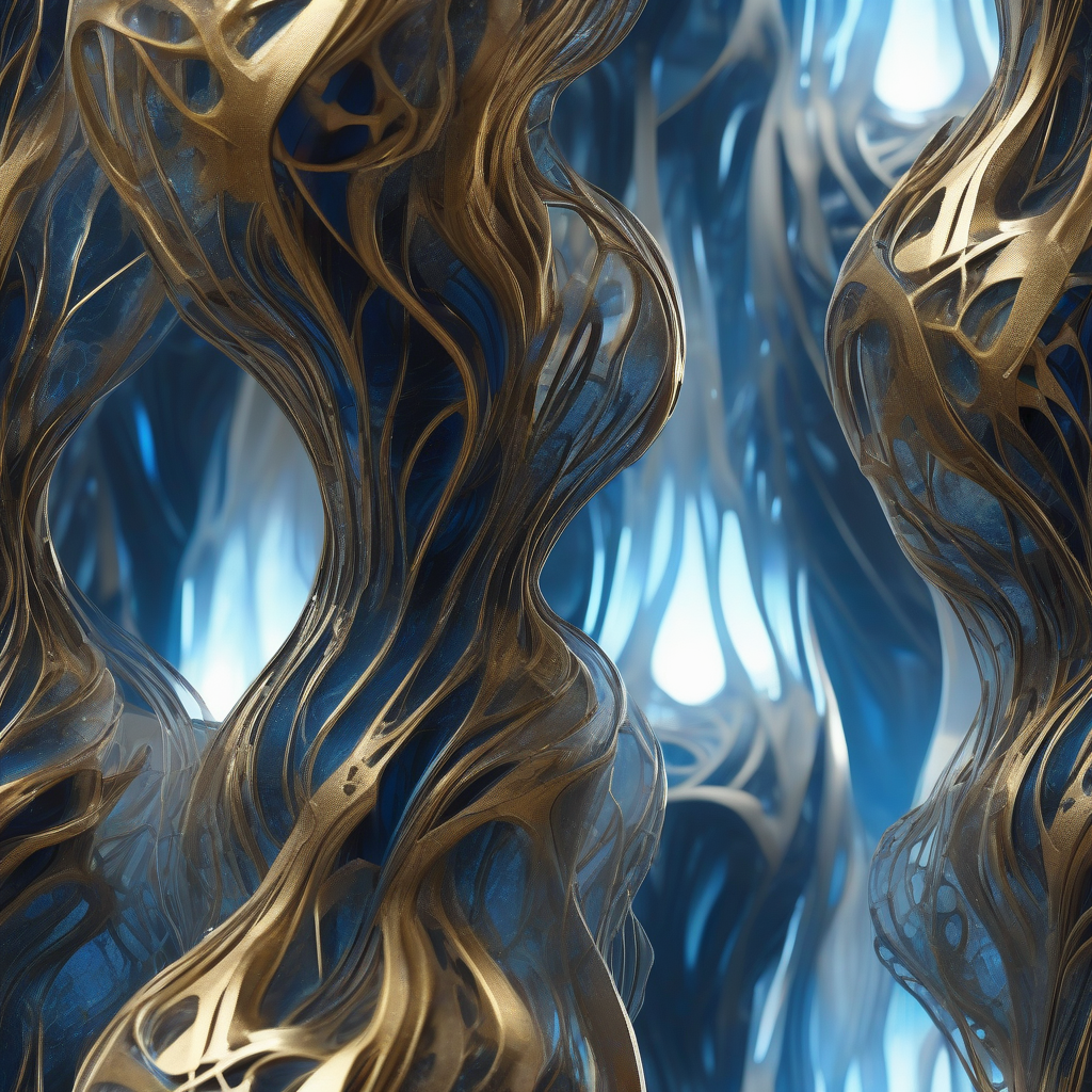 A futuristic digital sculpture, intricate and glowing with subtle internal light, appears to materialize from a mist, showcasing complex, organic forms that blend natural aesthetics with advanced synthetic materials, rendered in a dark, mysterious setting with vibrant accents of blue and gold.