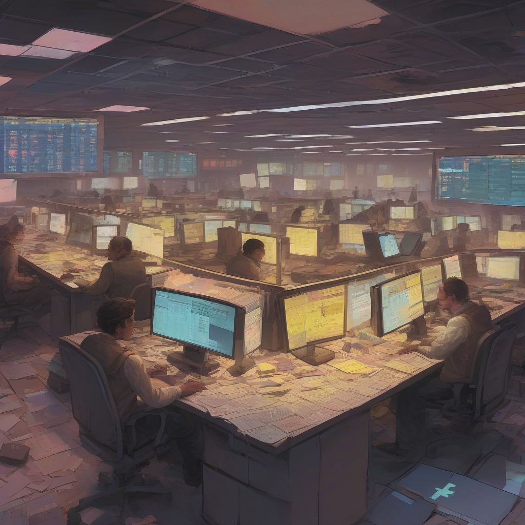 A dim trading floor at dusk, two mismatched ledgers glowing on opposite screens, their light bleeding into a shared haze of crossed-out numbers and sticky notes, like a frontier outpost where two currencies just started circulating together.