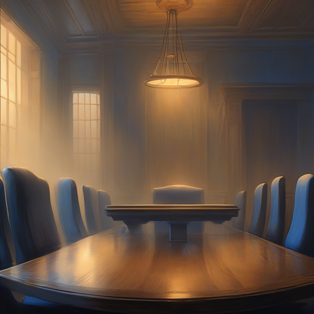 A storm-lit boardroom at night, a single empty chair at the head of a long table, ledgers dissolving into fog, muted indigo and amber light pooling on polished wood.