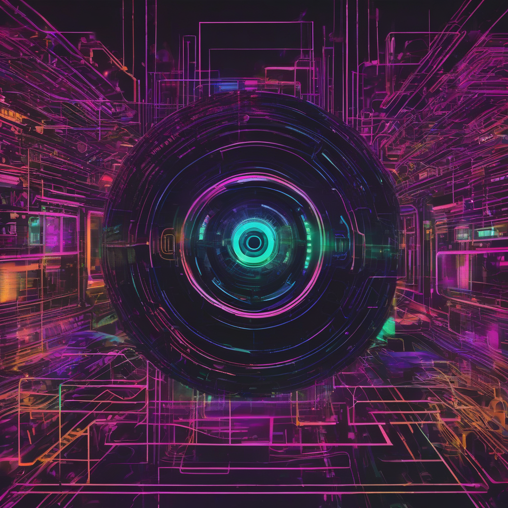 A striking representation of surveillance technology intersecting with artificial intelligence, highlighted by a blend of dark and neon hues.