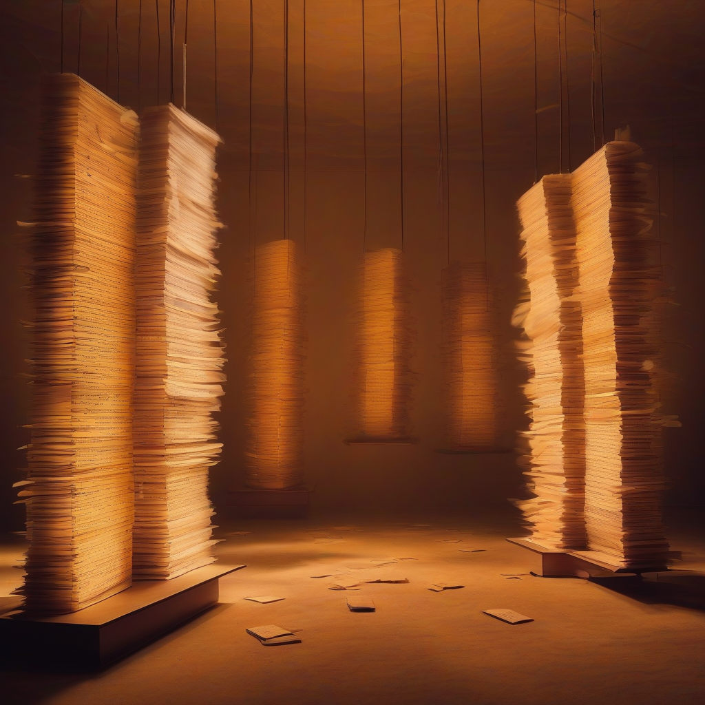 A dim archive room where towers of paper ledgers dissolve into glowing script mid-air, ink reforming itself in soft amber light, dust motes suspended like static.