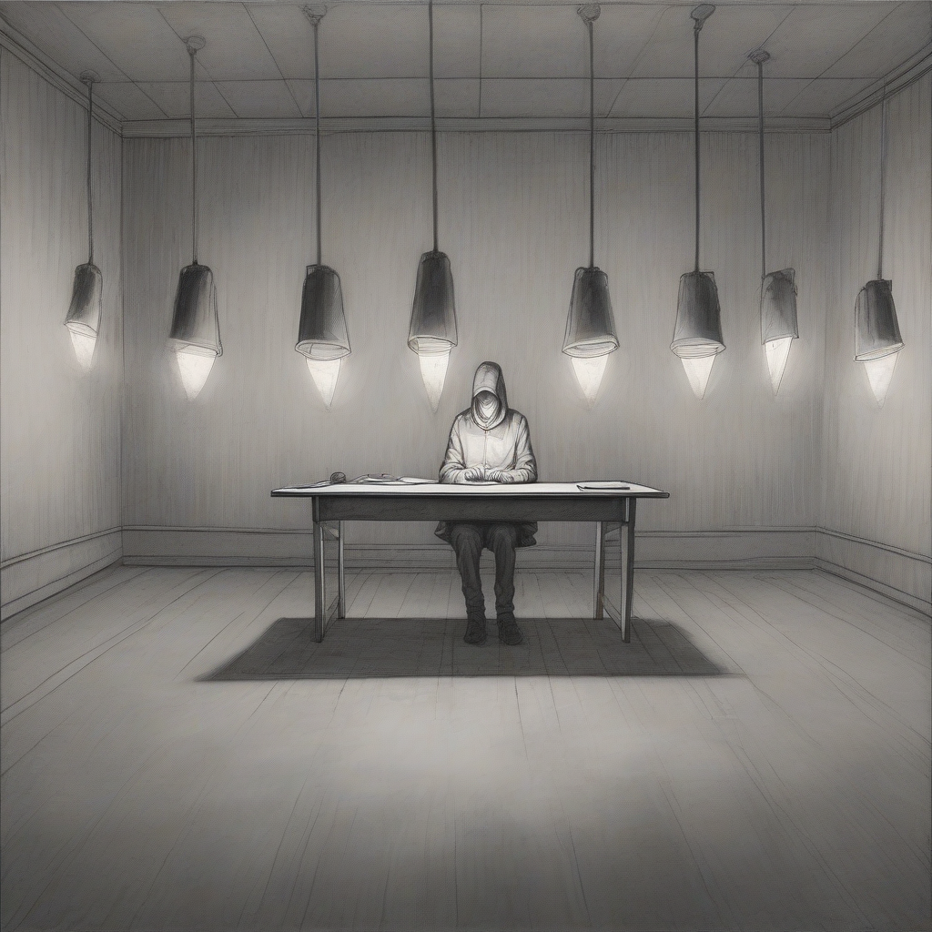 A pale figure sits at a long empty exam table under a single cone of light, two faint reflections rippling behind it like unfinished duplicates, the rest of the room dissolving into soft charcoal dark.
