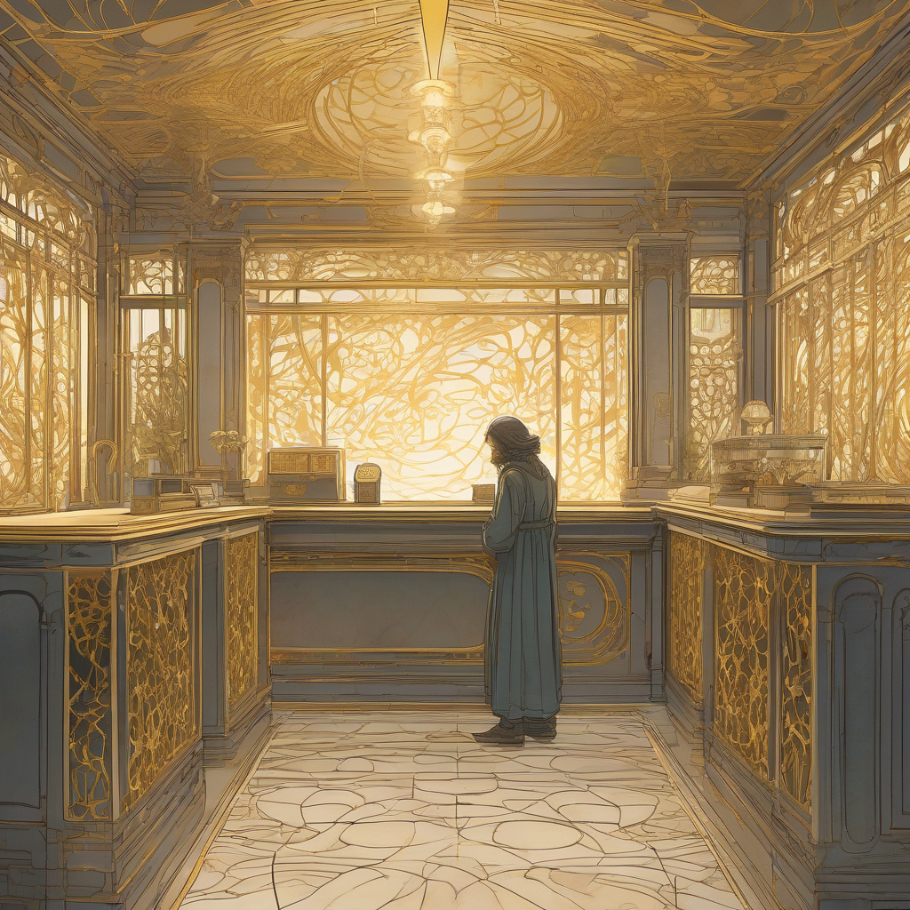 A lone figure rendered in flowing Art Nouveau lines, standing at an ornate shop counter where the clerk's face is a soft, glowing lattice of light, surrounded by curling vines of gold ledger-lines.