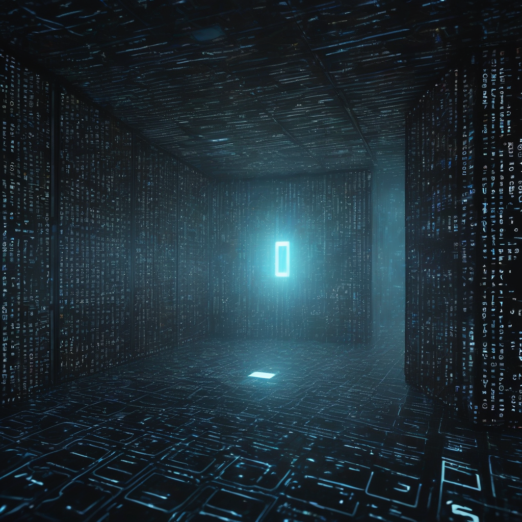 A single glowing terminal window floating in a dark server room, its screen covered in strange glyph-like code that resembles no known language, surrounded by dust motes catching blue light.