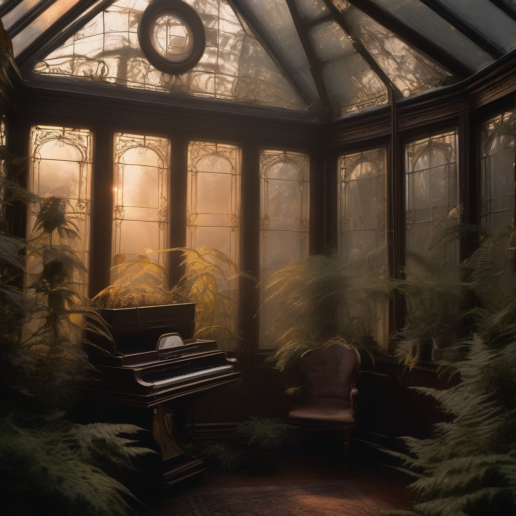 A hazy Victorian conservatory at dusk, glass panes fogged with condensation, an ornate brass gramophone half-hidden among overgrown ferns, warm amber light pooling on dark wood, painterly and slightly melancholic.