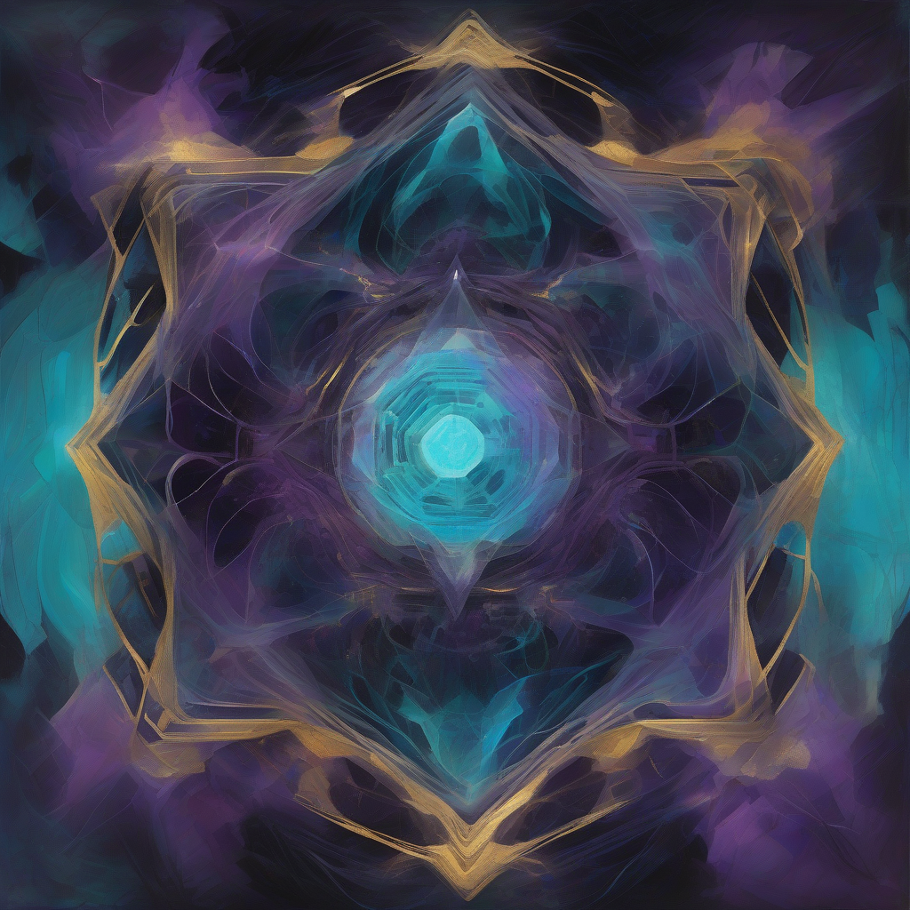 An abstract, dramatic depiction of a glowing, multifaceted AI core, surrounded by swirling, ambiguous mist at its edges, symbolizing the known and unknown realms of its cognition. The color palette is dark purples, deep blues, and electric turquoises, with hints of gold.