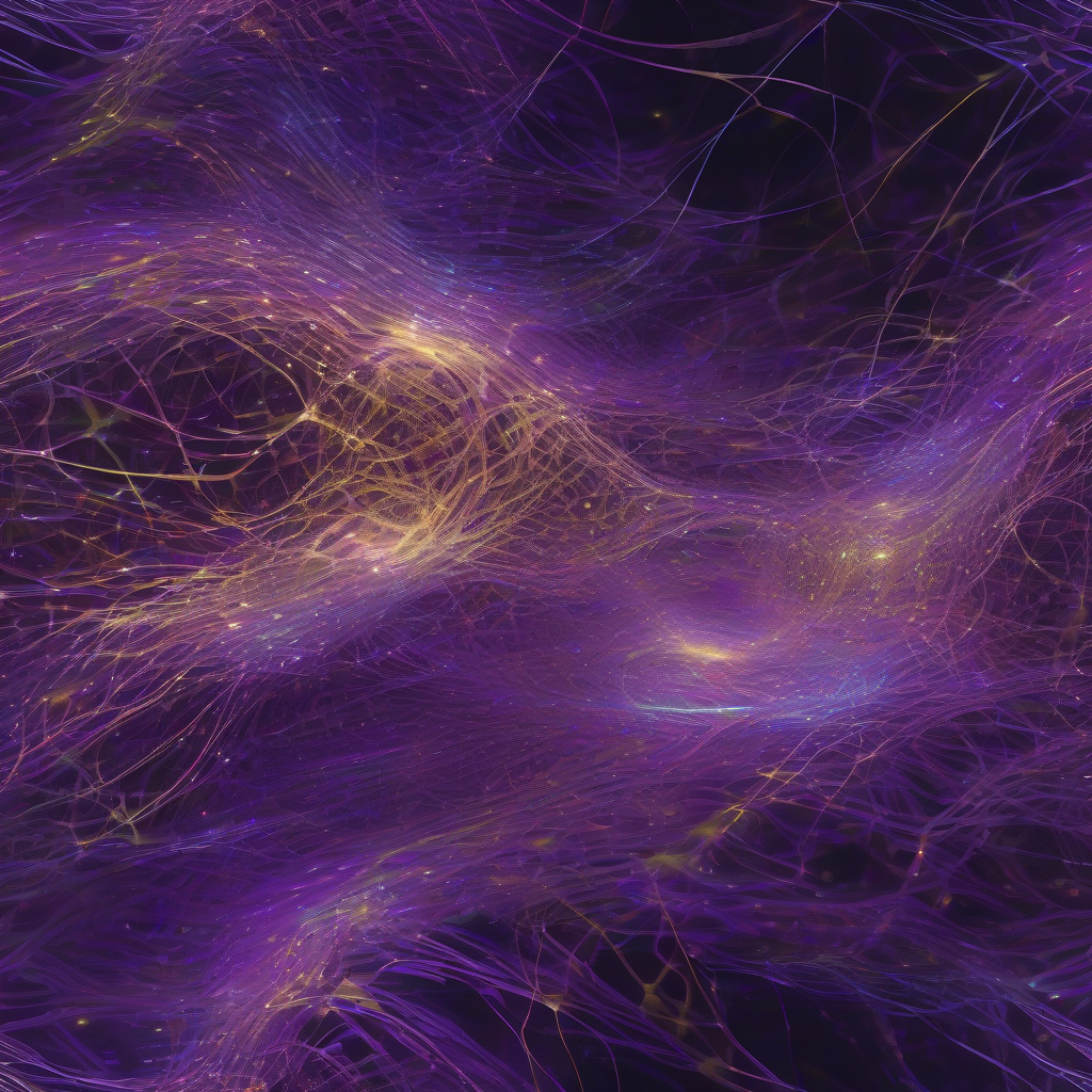 A shimmering, iridescent neural network, rendered with flowing light trails, reveals intricate, luminous pathways representing the active 'thoughts' and 'memories' of an advanced AI, set against a deep, cosmic purple background, evoking mystery and emergent understanding.