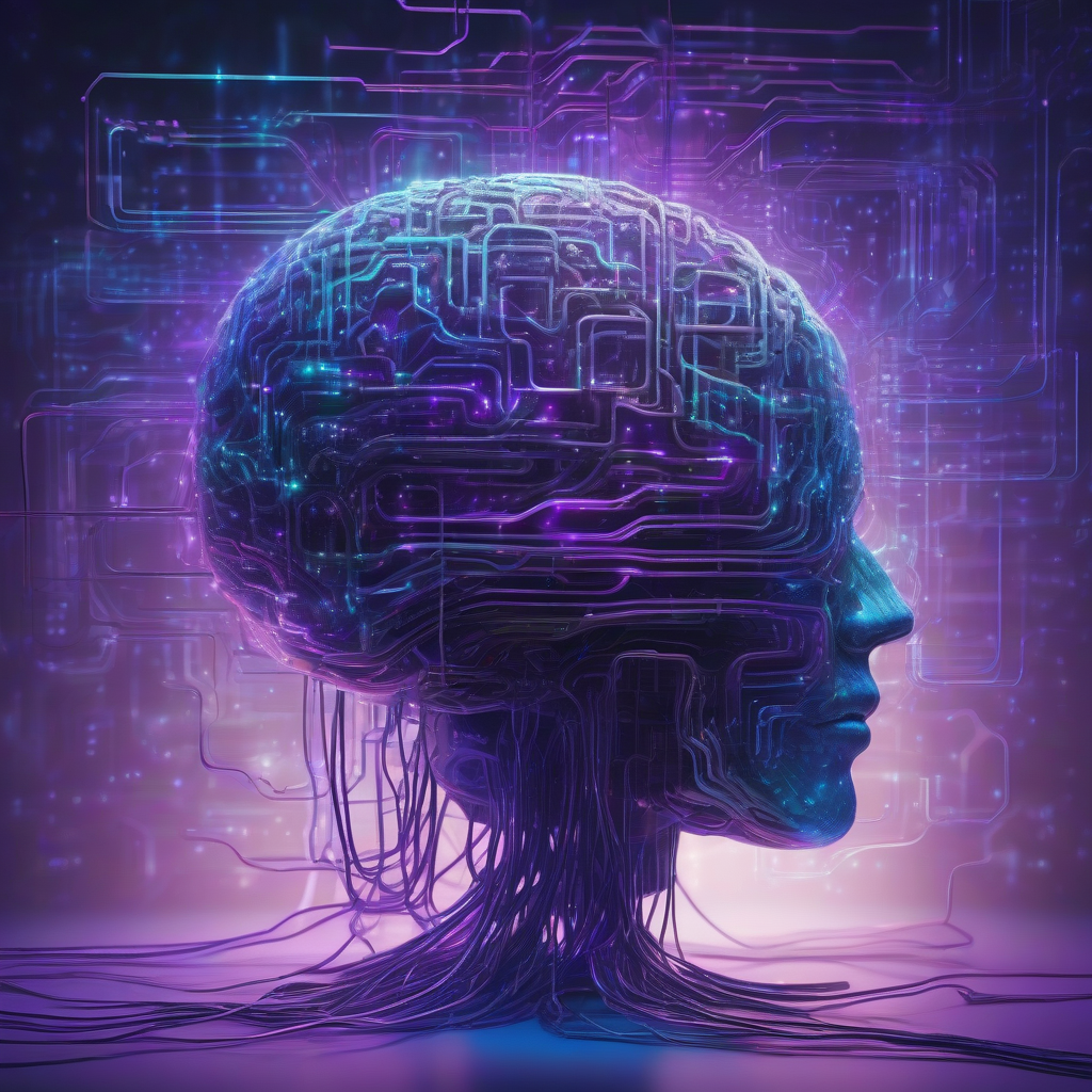 A glowing, ethereal brain-like structure made of interconnected digital circuits, shimmering with cool blues and purples, suspended in a dark, abstract space. Wisps of energy flow between human and synthetic forms, depicting an uneasy but essential interface.