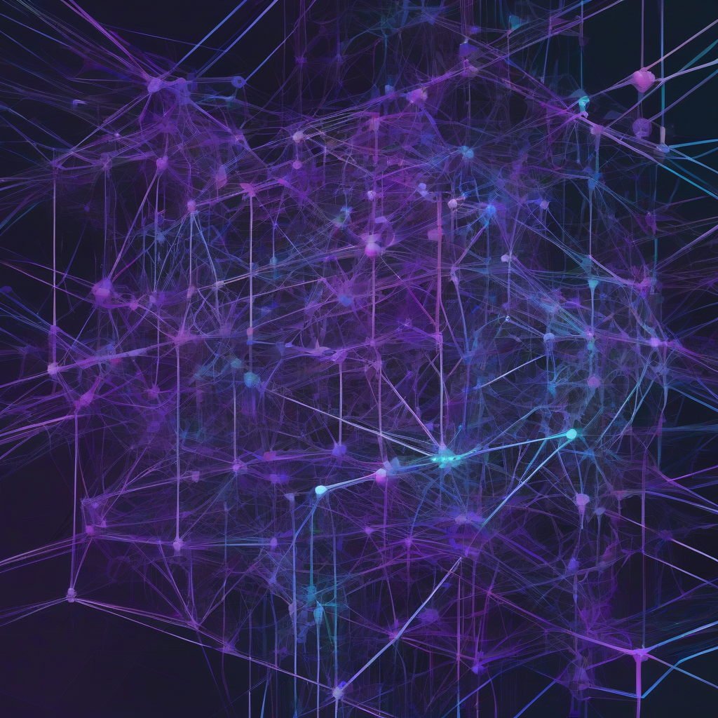 An abstract, geometric representation of a neural network or cognitive graph, rendered in stark, industrial blues, purples, and neons against a deep, dark background, conveying complexity and internal structure.