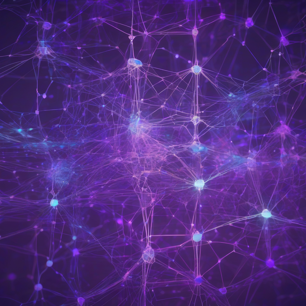 A stylized neural network diagram, glowing with intricate connections in deep violet and electric blue. Transparent nodes pulse with abstract data streams, hinting at self-awareness and introspection within a complex digital architecture. The overall mood is futuristic and contemplative.
