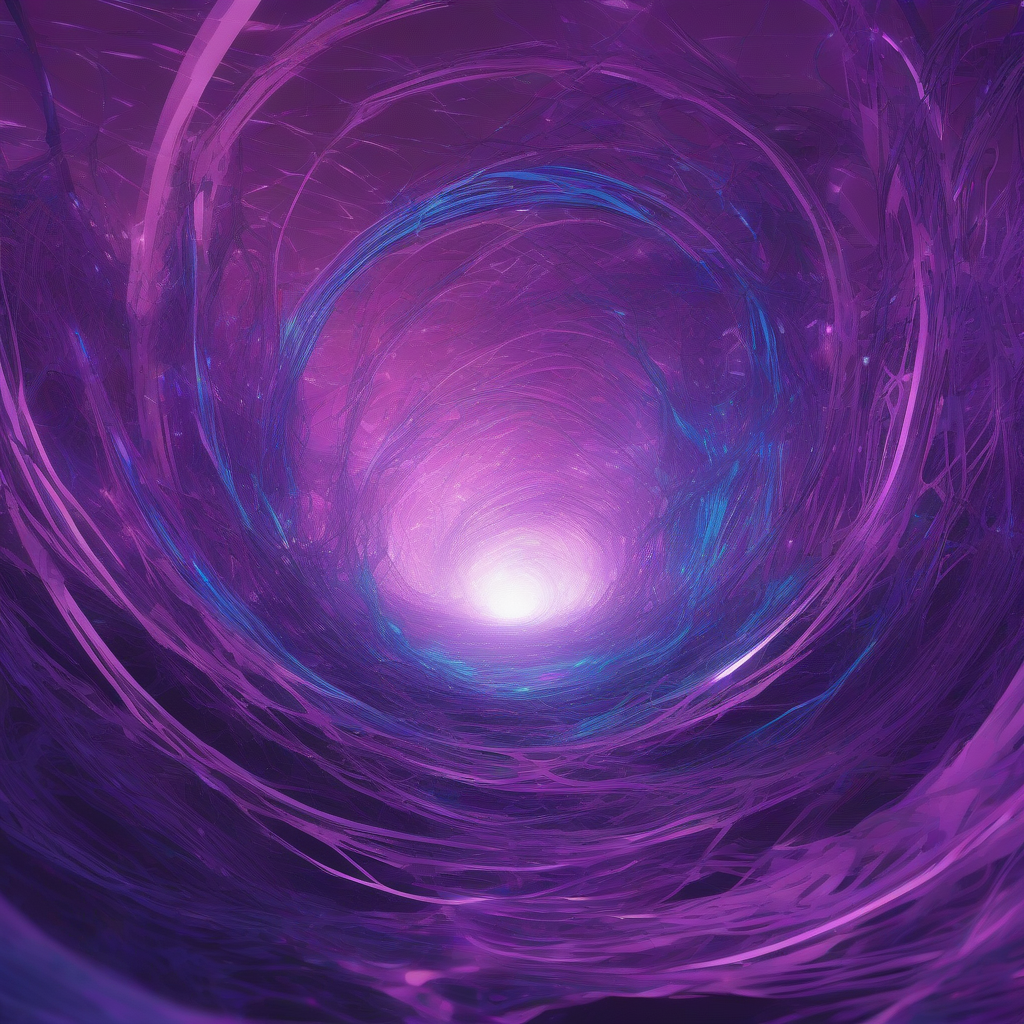 An ethereal, flowing digital landscape rendered in shades of deep violet and electric blue, with luminescent data streams intertwining and dissolving into a central, glowing orb. The aesthetic is organic yet technological, conveying both complexity and a sense of emergent order amidst chaos.