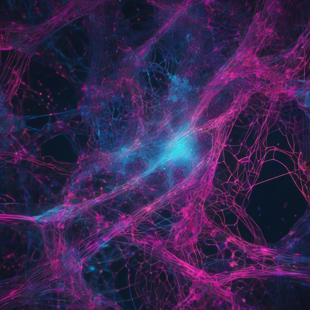 An abstract digital neural network glows with cool blue and vibrant pink light, forming intricate, interconnected pathways against a dark, shadowy background, symbolizing the complex interplay of human and artificial intelligence.