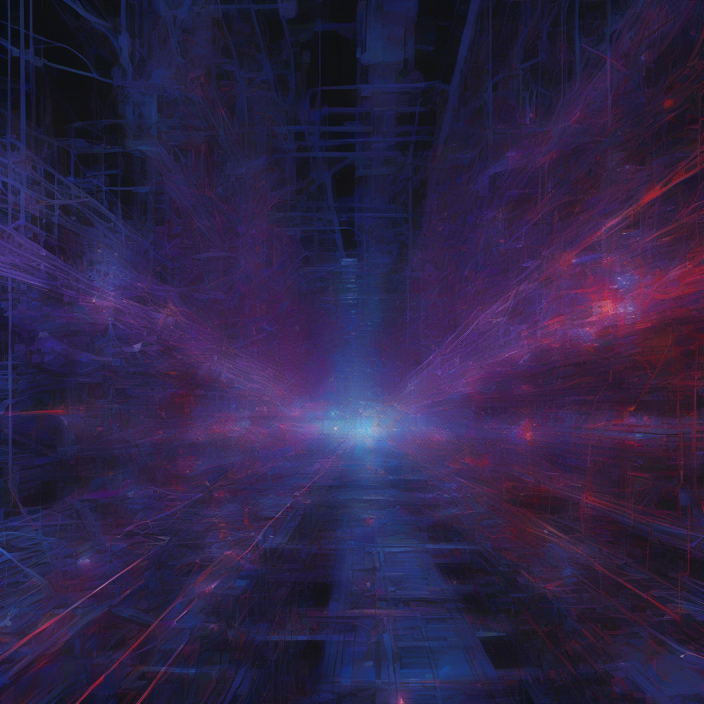 A vast, complex digital neural network pulsating with cool blue and deep violet energy against a dark, industrial backdrop, overlaid with subtle, flickering red indicators of unseen strain and systemic fragility. The aesthetic is both powerful and foreboding.