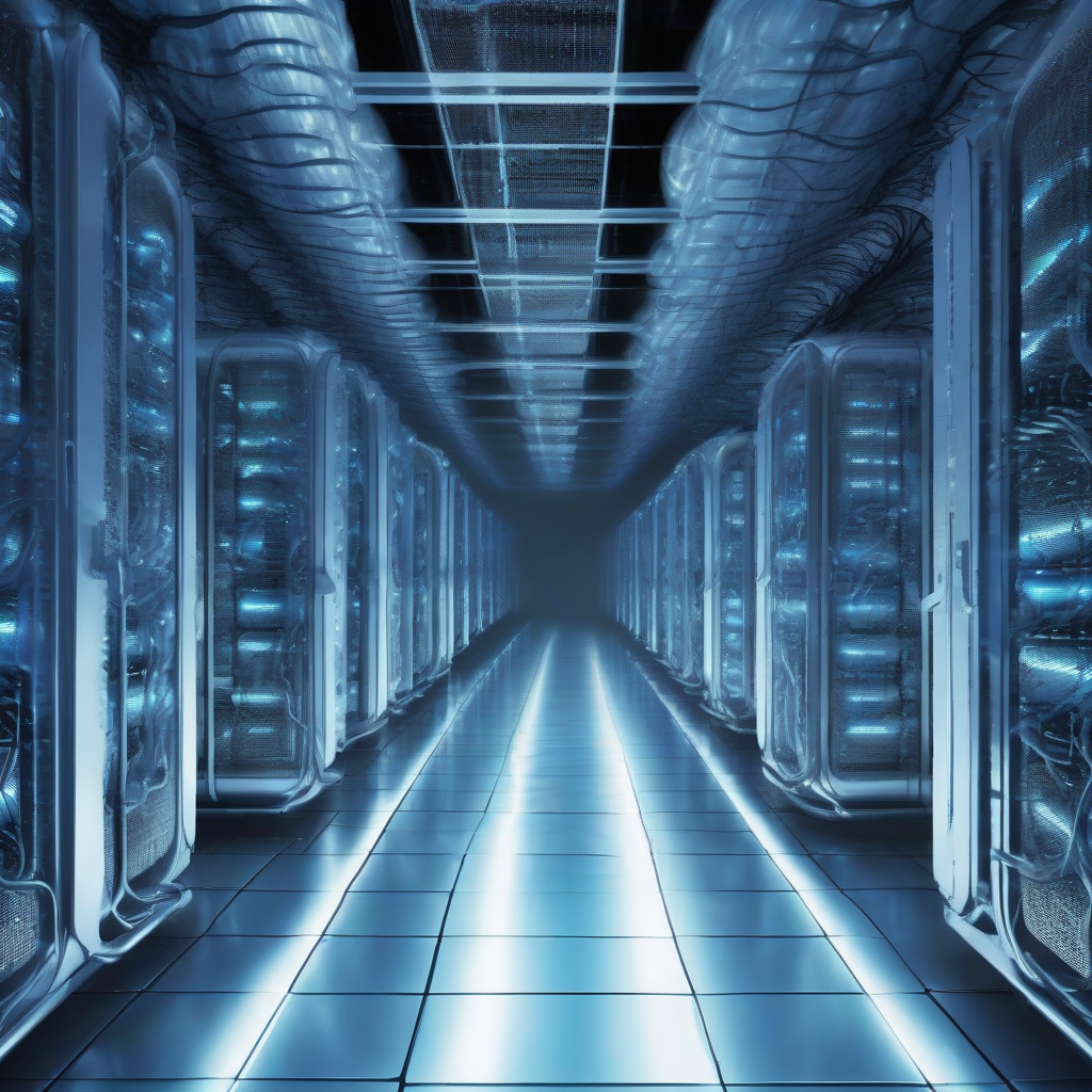 A vast dim data hall lit only by cool blue server glow, condensation beading on silver liquid-cooling pipes that snake overhead like veins, thin mist curling near the floor.