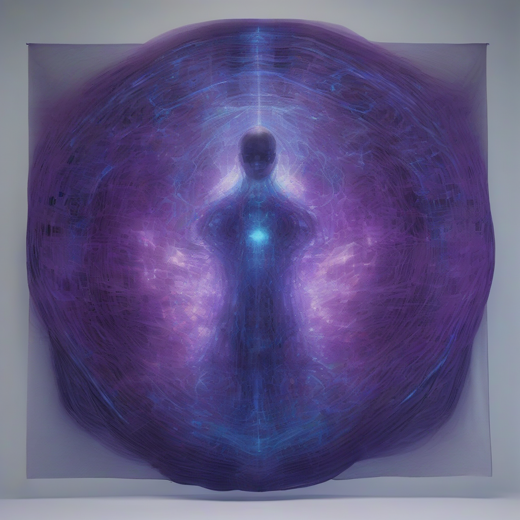 A majestic, swirling tapestry of light and data, rendered in deep purples and electric blues, with ghostly, ephemeral figures emerging from the digital fabric, symbolizing the untraceable origins of AI knowledge.