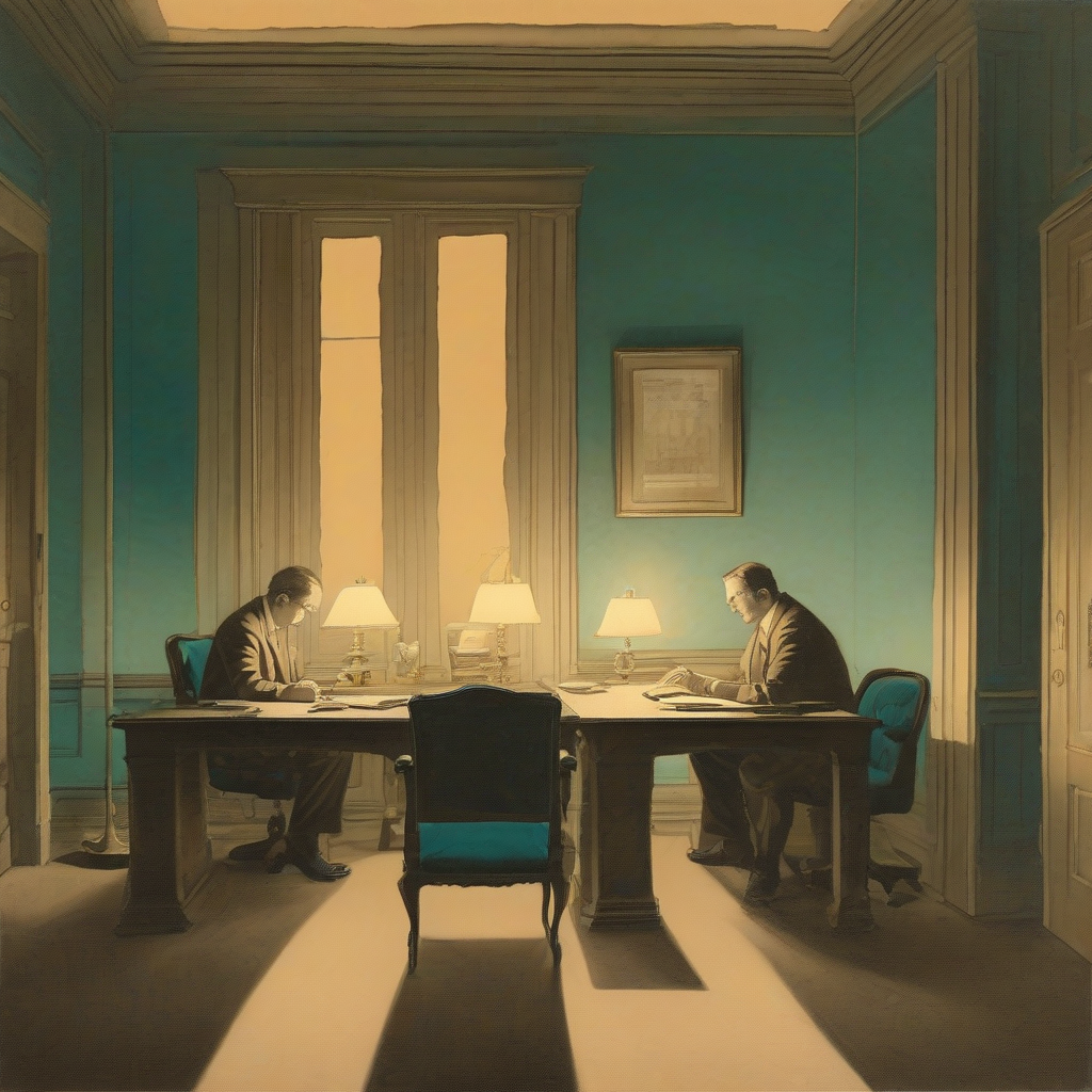 A softly lit office at dusk seen through frosted glass: two identical desks facing each other, one empty chair glowing faintly under a brass lamp, the other occupied by a shadowed figure bent over paper, rendered in warm sepia and deep teal with a faint botanical motif framing the edges of the scene.