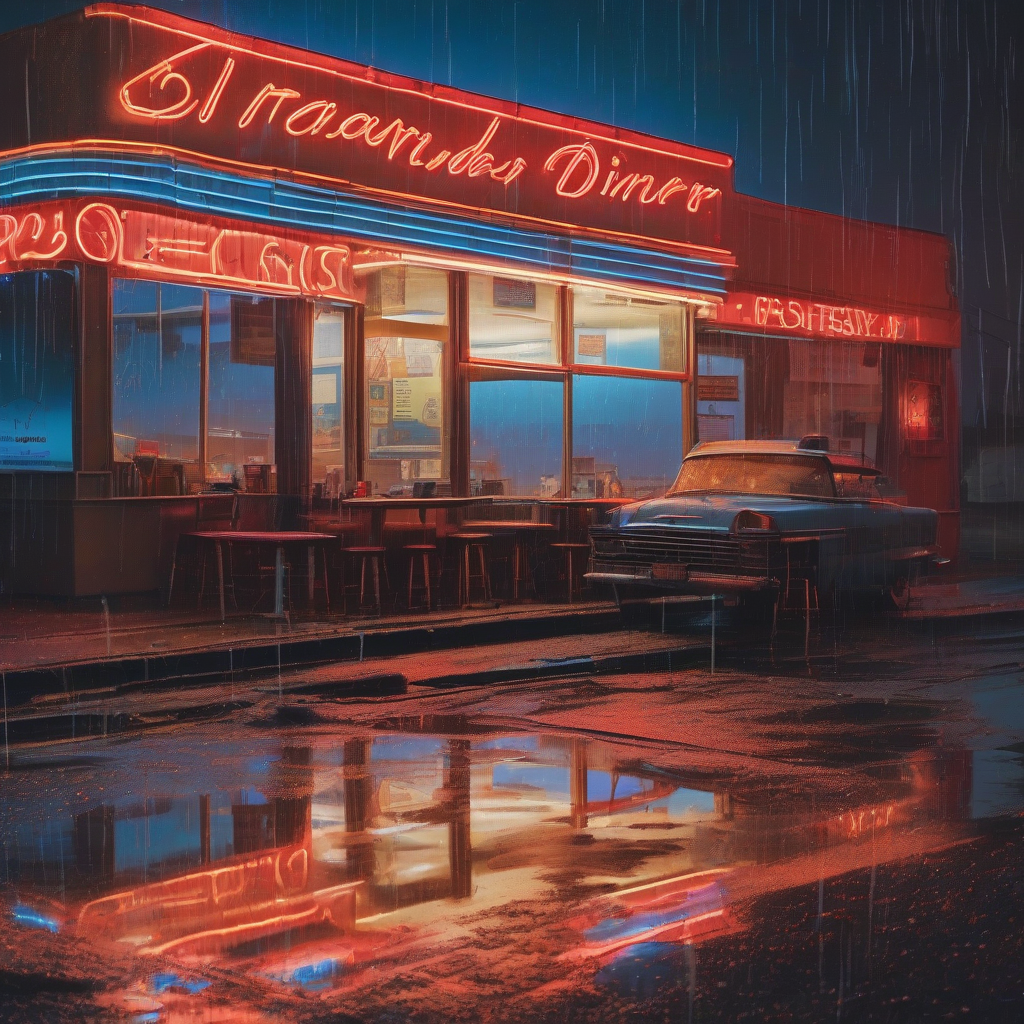 A rain-streaked diner window at 3 a.m., neon sign reflected in a puddle outside, a paper road map spread on the counter covered in red circles around wrong turns, warm amber light spilling into cold blue night.