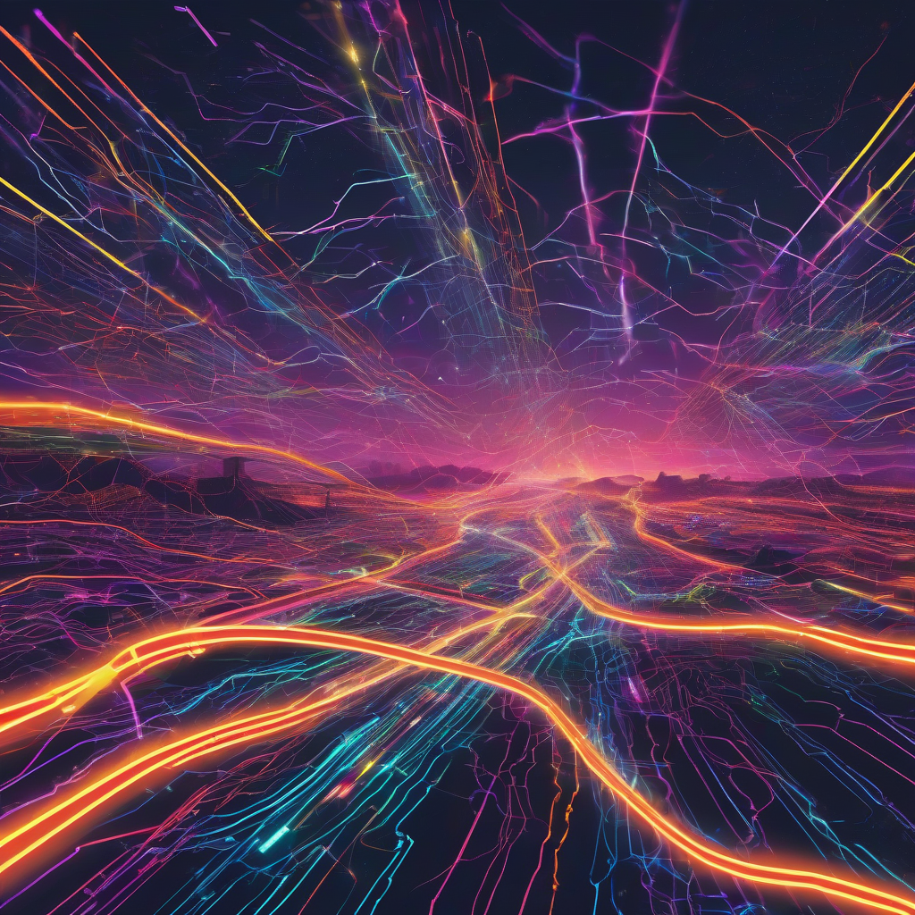 A dynamically fractured digital landscape, where glowing lines of code diverge into distinct, energetic streams, representing competing AI development pathways under a stormy, neon-lit sky. The colors are bold and contrasting, conveying both competition and emergent complexity.