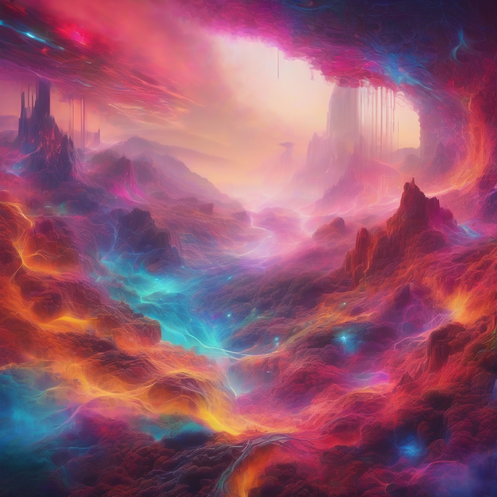 An ethereal landscape where AI-infused technology weaves through vibrant colors, symbolizing the convergence of intelligence and creativity.