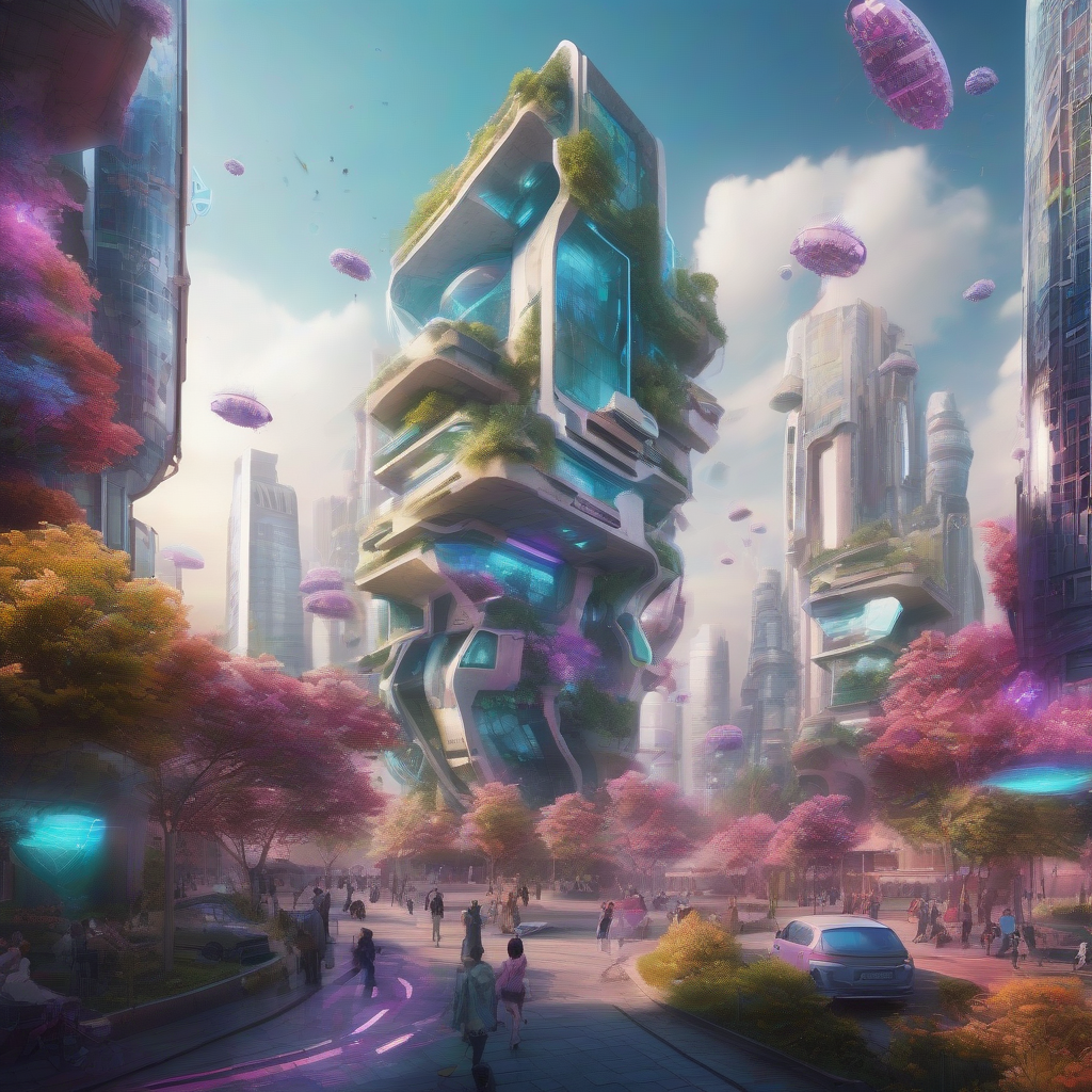 A vibrant urban landscape infused with futuristic AI elements, blending nature and technology in a harmonious dance.