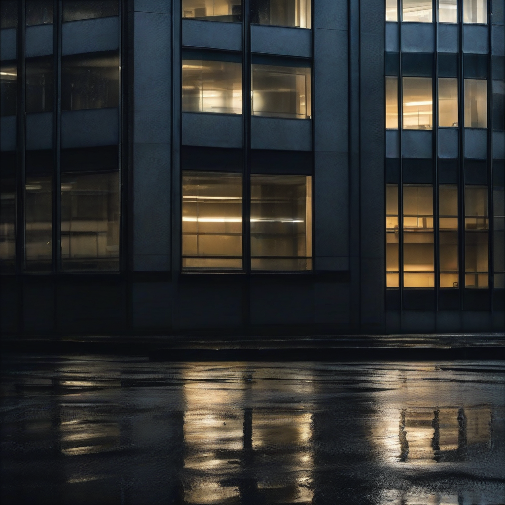 A single lit window in a dark corporate tower at 3am, its glow reflected in wet pavement below, the rest of the building unlit and asleep, mood tense and quietly expectant.