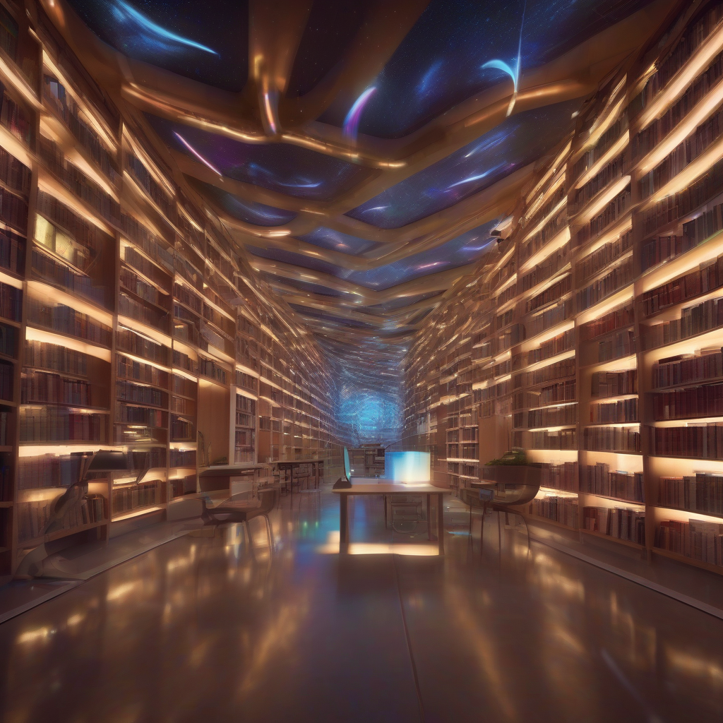A vibrant, ethereal library where holographic books shimmer with data streams, bathed in the soft glow of AI-generated light, suggesting knowledge transcending physical form.