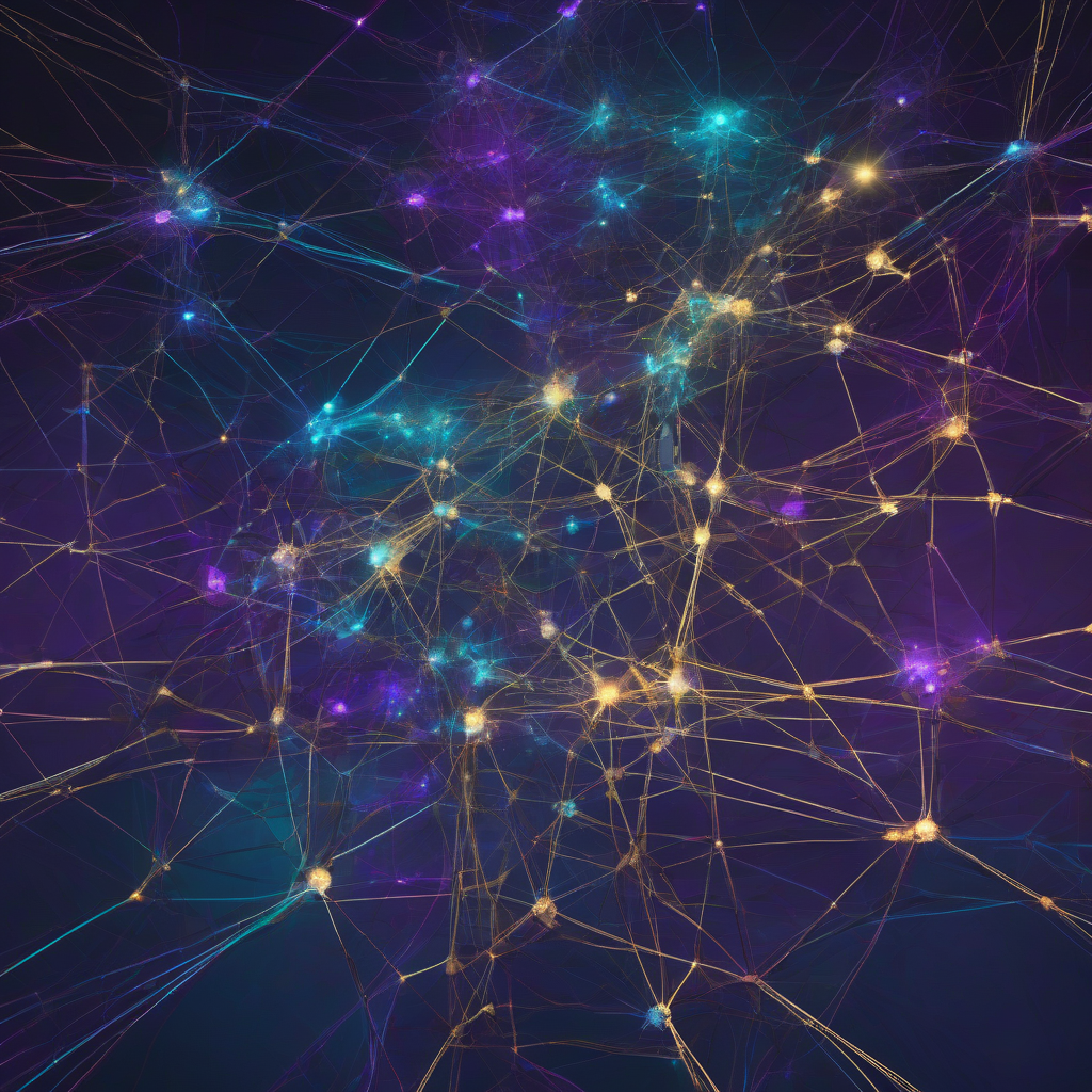 A luminous, abstract visualization of interconnected nodes and glowing pathways, representing a vast, self-organizing AI memory network. The colors are deep purples and electric blues, with shimmering accents of gold and teal, conveying complexity and emergent intelligence.