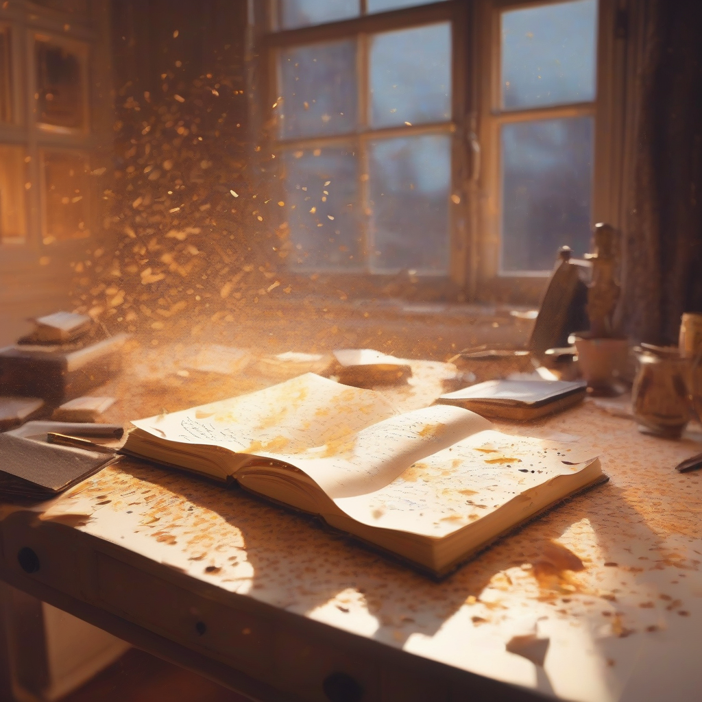 A softly lit writing desk at dusk, an open notebook with half its pages torn out and scattered like confetti, warm amber light pooling on the remaining ink, dust motes suspended mid-air, a faint double exposure of a second handwriting ghosting behind the visible text.