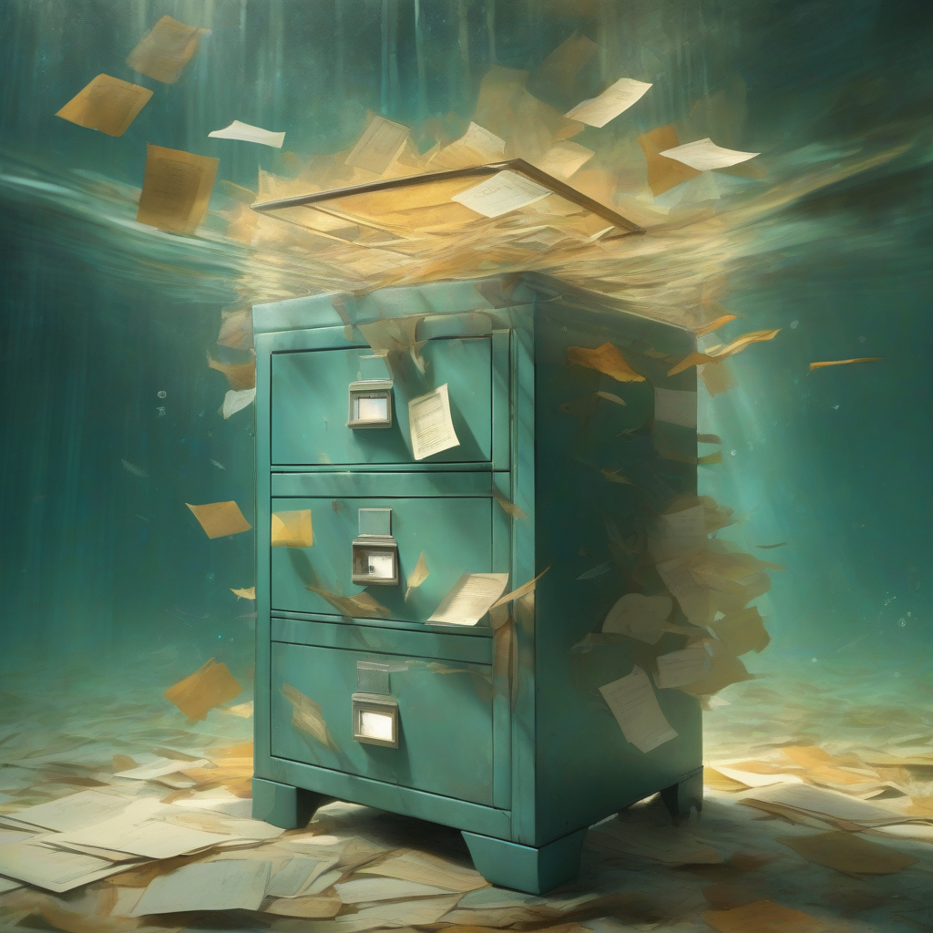 A locked glass filing cabinet drifting underwater, drawers slightly open, soft beams of light passing through suspended papers like memories caught mid-fall, muted teal and amber tones, quiet and melancholic.