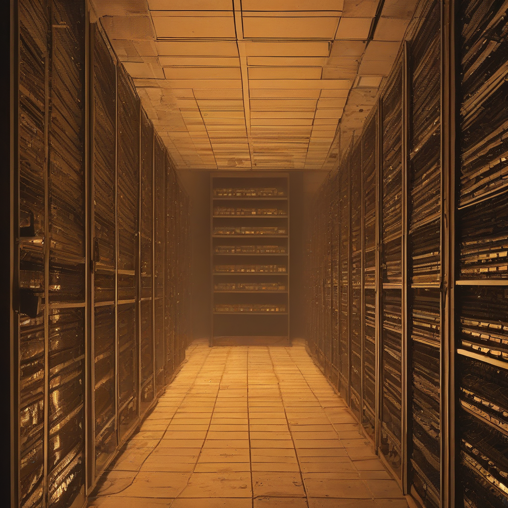 A dim archival room glowing with soft amber light, rows of old server racks half-swallowed in dust and shadow, one screen still faintly lit like a candle left burning.