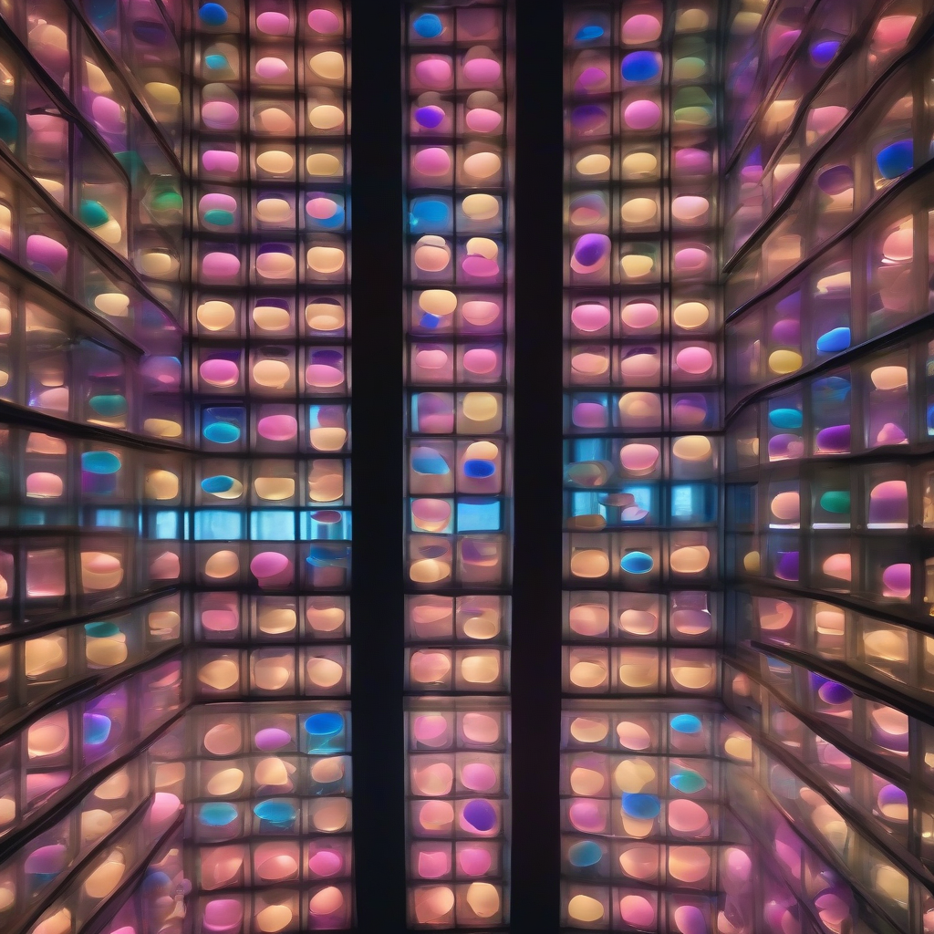 A dim room lit by dozens of small glowing panes floating at different heights, each a slightly different color, like a wall of aquarium tanks holding separate small weather systems, shot from a low angle with soft bokeh.