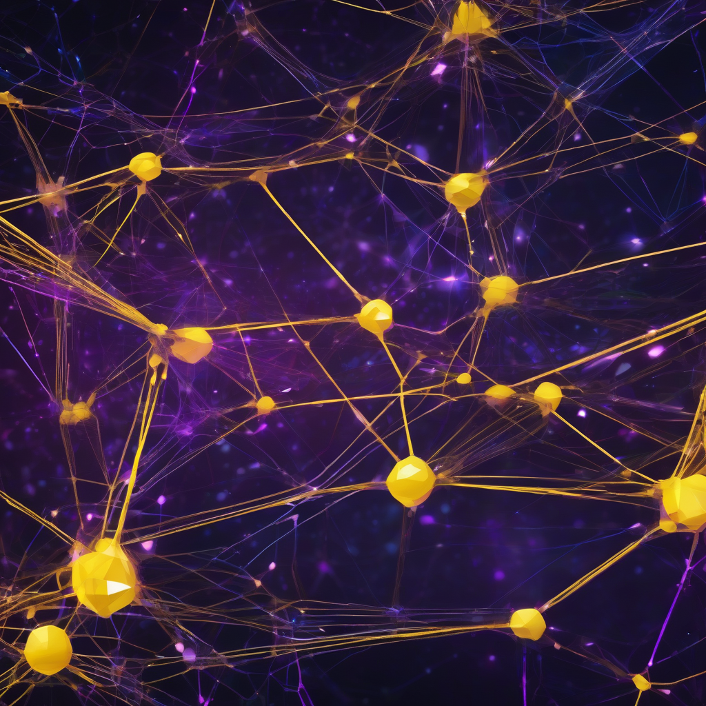 An abstract, luminous network of glowing nodes and intricate connections against a dark, cosmic background, symbolizing the emergent, self-organizing structure of digital governance. The colors are deep purples, blues, and electric yellows, evoking a sense of profound, complex intelligence.