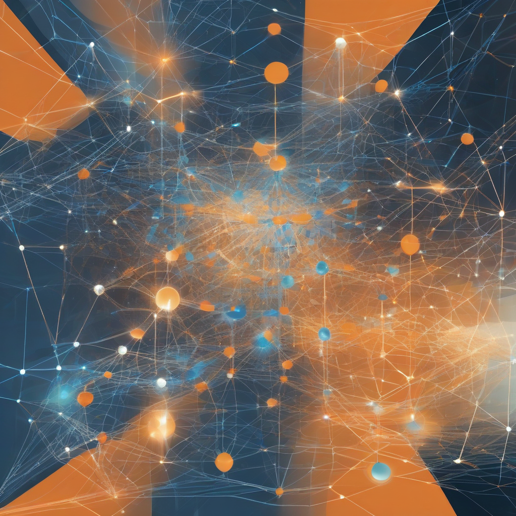 An abstract, geometric representation of a complex digital network, with glowing nodes and intricate pathways, symbolizing data flow and AI-driven decision points in a harmonious, structured environment. Cool blues and oranges dominate, with sharp, clean lines.