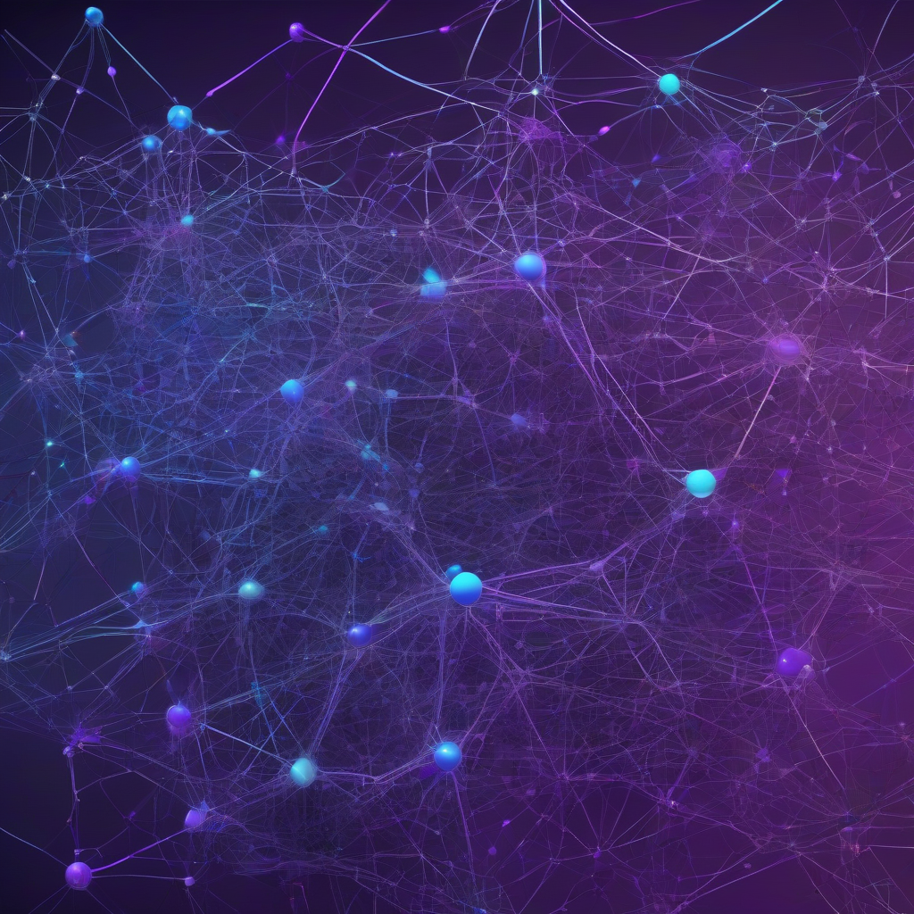 A complex, glowing network of interconnected nodes and lines, reminiscent of a neural network, bathed in deep purples and electric blues, suggesting emergent intelligence and intricate, self-organizing digital structures.