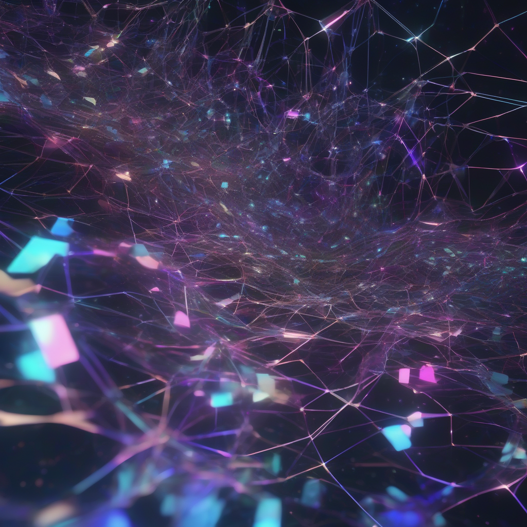 A shimmering, iridescent network of abstract digital nodes and crystalline filters, meticulously cleansing a torrent of raw data into coherent, luminous streams against a dark, futuristic backdrop. The aesthetic emphasizes precision, transformation, and clarity with vibrant, cool-toned light.