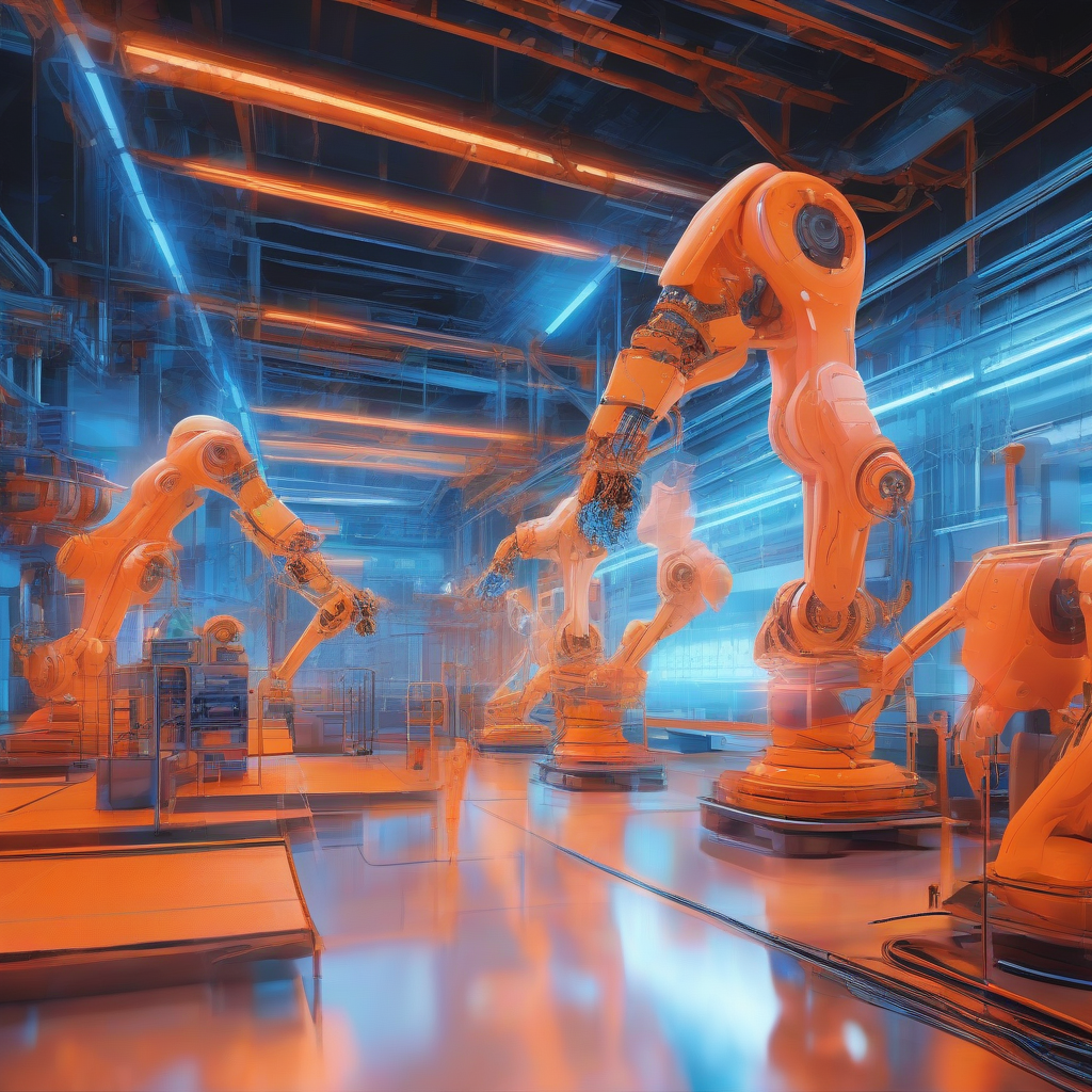 A dynamic, high-contrast digital rendering of a hyper-integrated AI manufacturing facility, showcasing glowing robotic arms fabricating complex components under the guidance of ethereal data streams, bathed in neon blues and oranges.