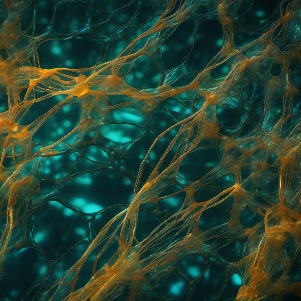 A richly textured macro photograph of iridescent, ribbon-like protein structures suspended in dark fluid, faint grid lines glowing beneath the surface like a hidden signature, lit in bioluminescent teal and amber.