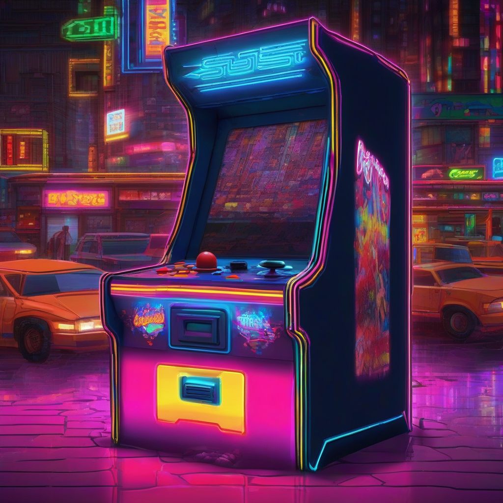 A neon-lit arcade cabinet from a bygone era, its screen glowing with pixel art from a game that never existed, yet feels deeply familiar. The vibrant, low-resolution graphics reflect off a wet, rain-slicked street at night, evoking a sense of powerful digital nostalgia and retro-futurism.