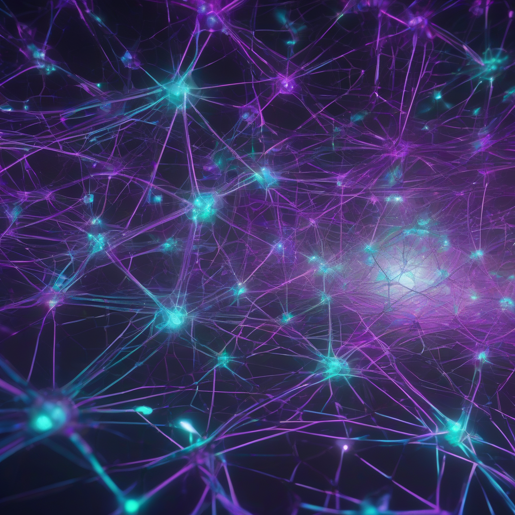 A highly conceptual, abstract image depicting glowing, interconnected nodes forming a vast, intricate network structure in deep purple and cyan hues. The lines of light pulsate with energy, suggesting autonomous intelligence at work, building complex digital worlds with an ethereal, almost biological fluidity.