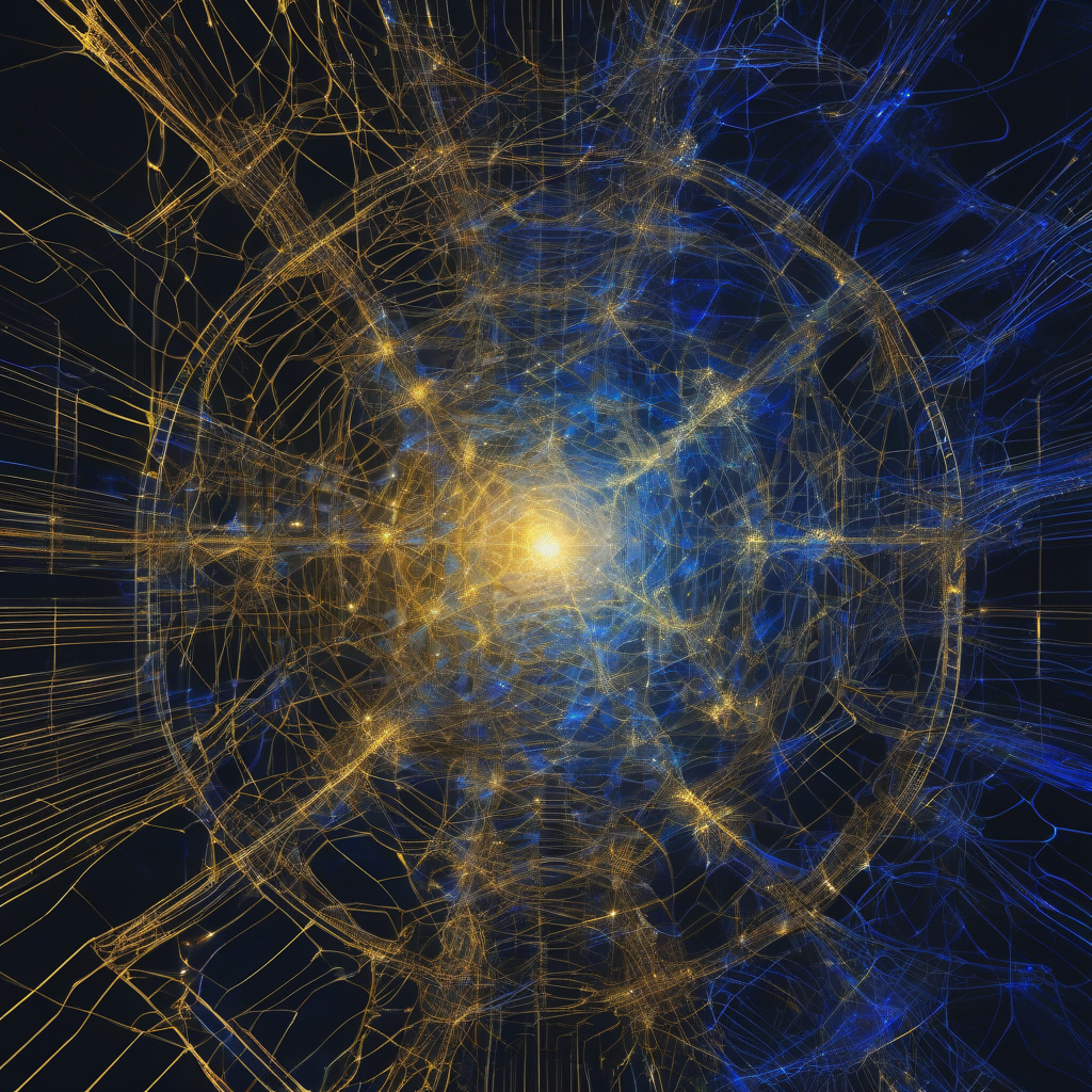 A visually striking depiction of interwoven digital neural pathways, glowing with electric blue and gold light, representing autonomous system evolution within a dark, intricate computational void.
