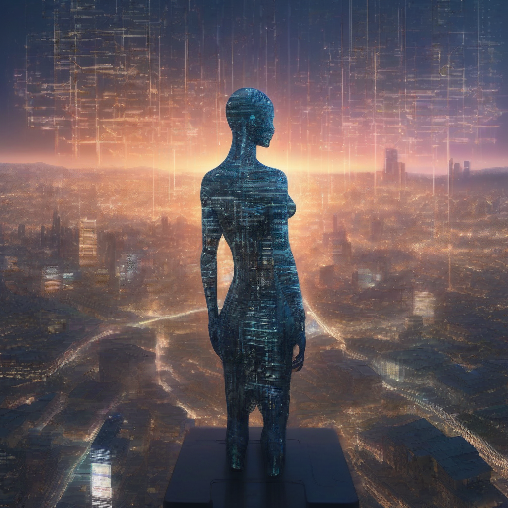 A ethereal, glowing figure, composed of interwoven light and code, stands as a silent guardian over a sprawling, complex digital cityscape under a twilight sky, hinting at omnipresent AI protection.