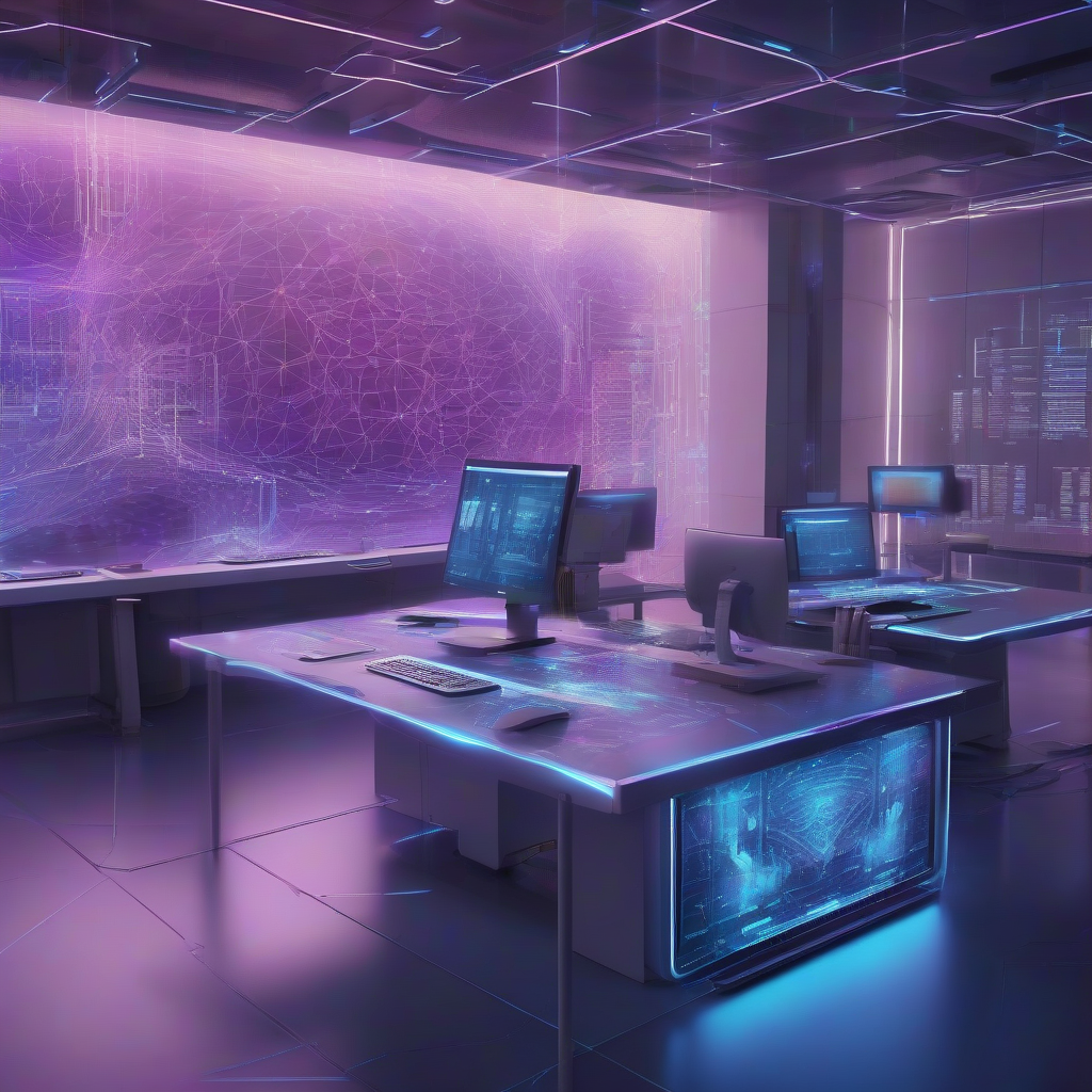 A sleek, futuristic digital workspace glowing with holographic interfaces, depicting abstract neural networks merging with architectural blueprints, emphasizing the shift from detailed coding to high-level system design, bathed in cool blues and purples.
