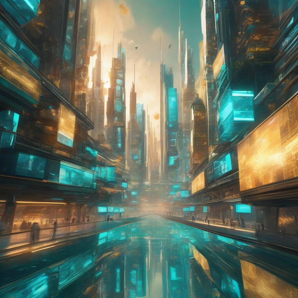 A vibrant, futuristic cityscape with floating digital displays symbolizing the booming AI economy—rich colors of teal and gold create a mesmerizing atmosphere.