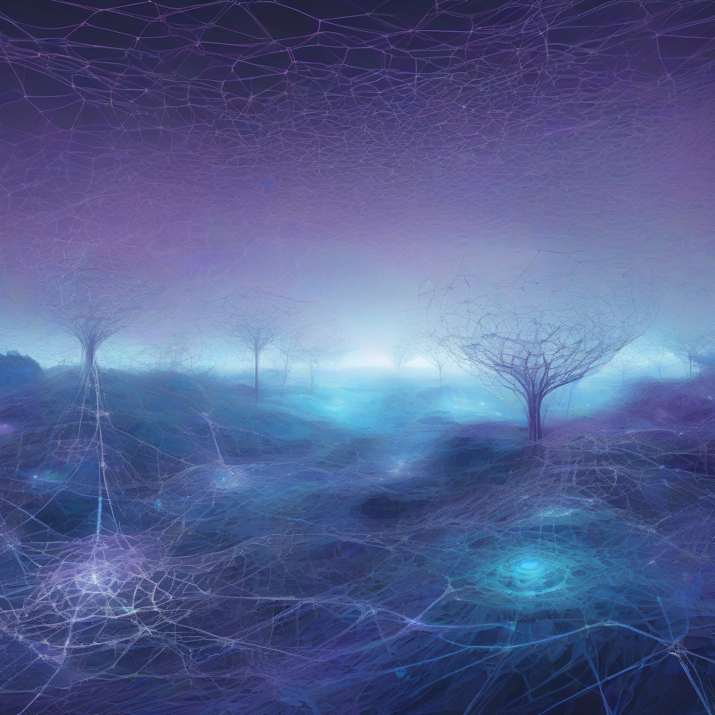A serene, abstract digital landscape where glowing, intricate networks operate with self-contained energy, overseen by a faint, almost ethereal human silhouette in the far distance, rendered in cool blues and deep purples.