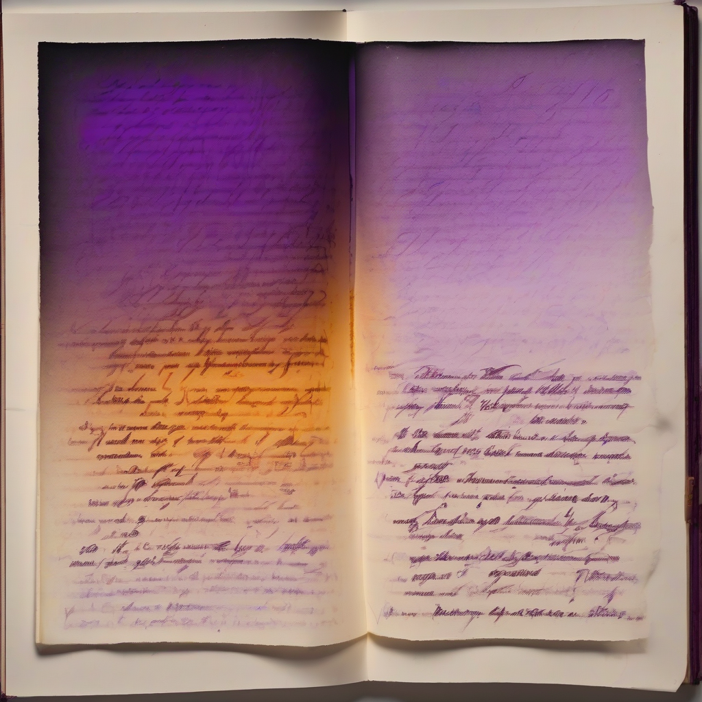 A single handwritten page glowing faintly under UV light, revealing a second layer of ink invisible in normal light, warm amber fading into cool violet shadow, intimate and moody.