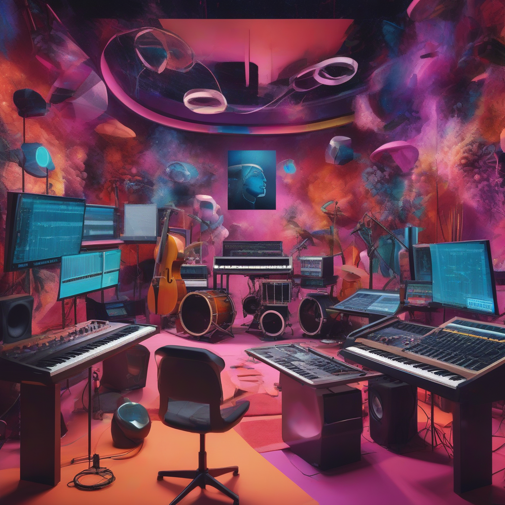 A vibrant collage depicting a futuristic music studio, where AI tools blend seamlessly with instruments, creating a new soundscape.