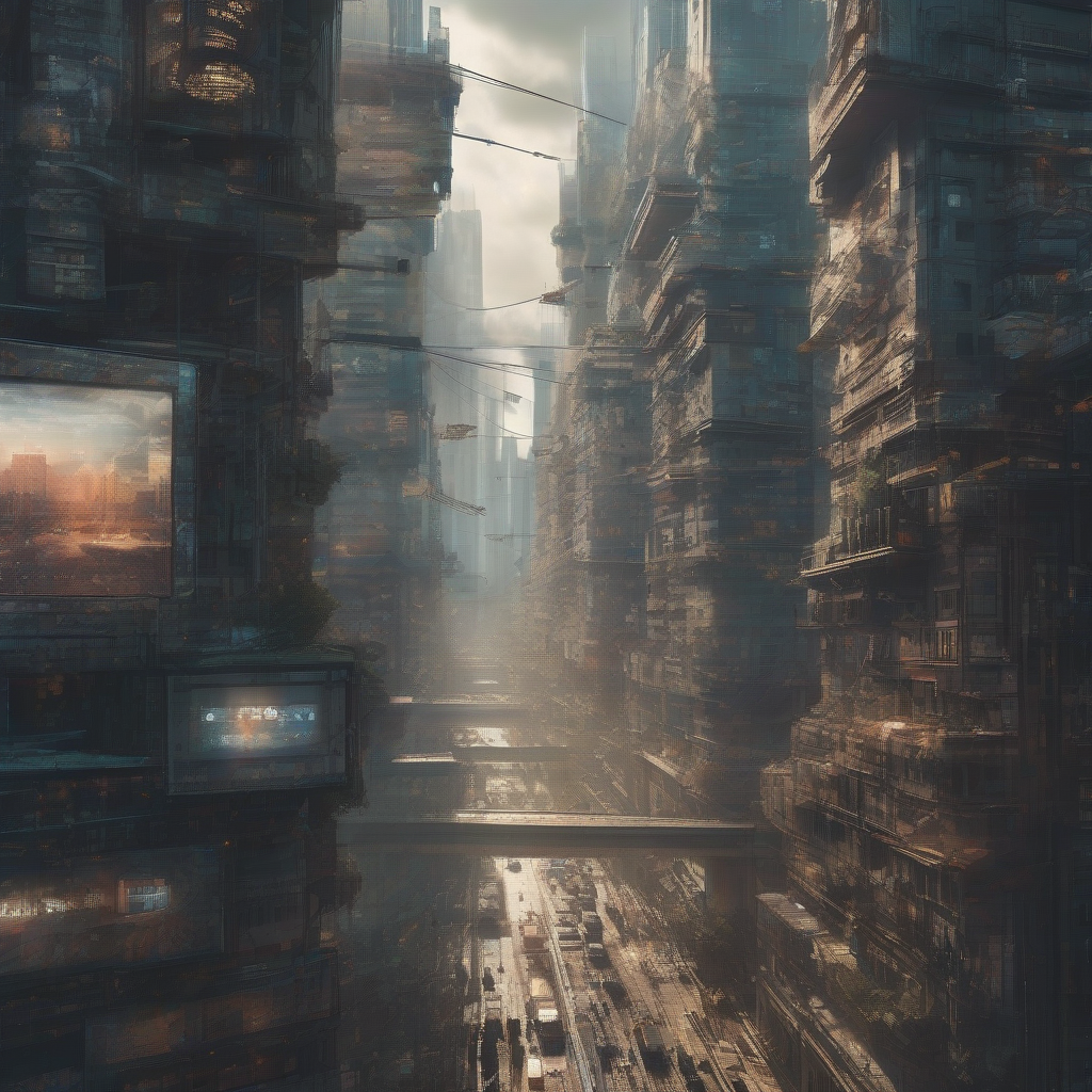A dystopian view of a cityscape under the watchful gaze of AI eyes, blending technology and humanity.