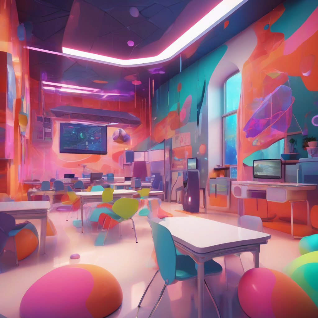 An artistic representation of a futuristic classroom blending digital and physical learning environments, filled with vibrant colors and abstract shapes.